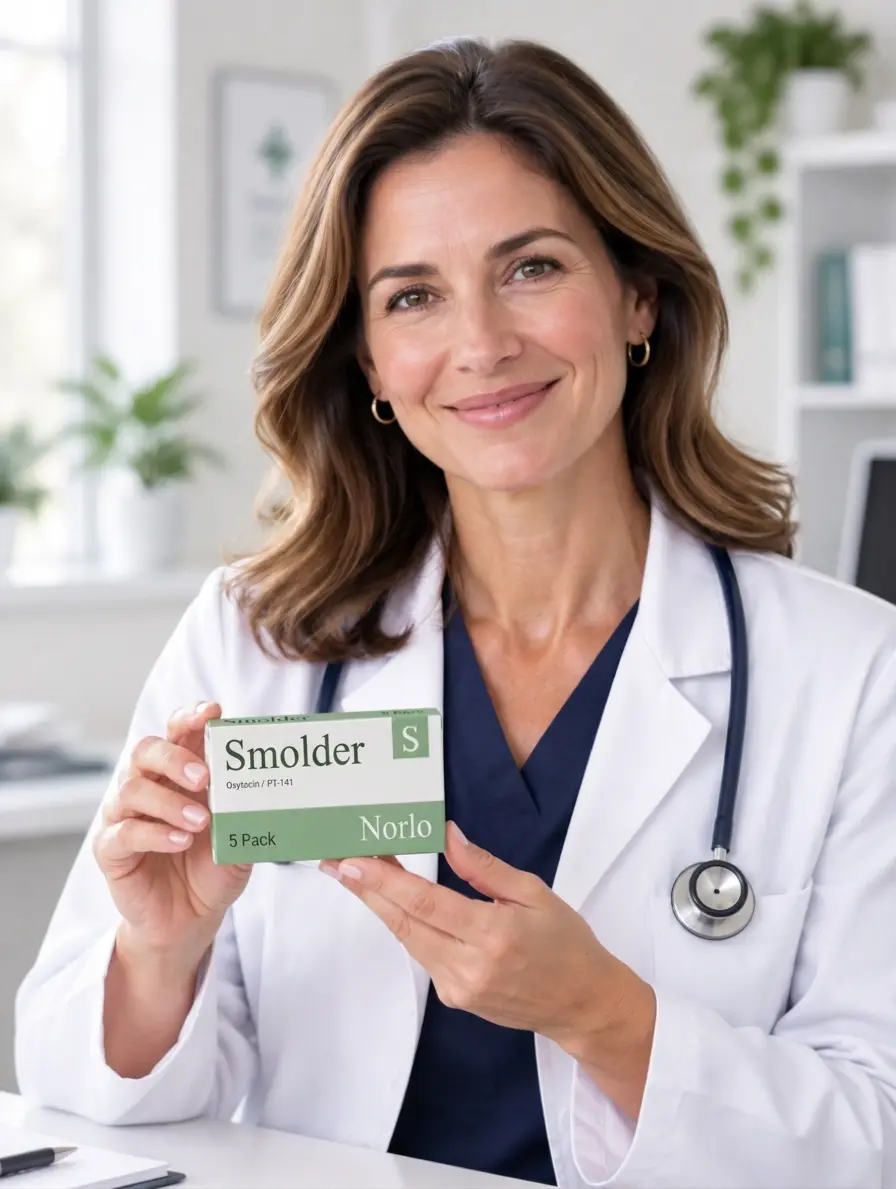 Dr. Sarah Bennette holding Norlo Smolder rapid dissolve tablets